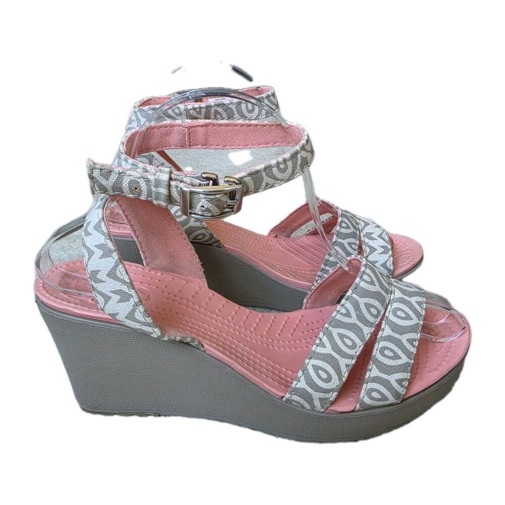 Crocs Leigh Graphic Wedge Pink Brown Sandal Women's 9 Slingback Ankle Strap